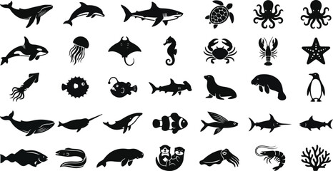 Marine animal silhouette collection with diverse ocean life icons © Monochrome studio