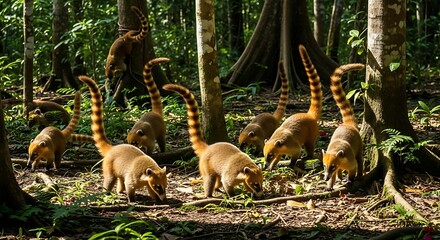 Fototapeta premium Group of Lemurs Walking Through Dense Jungle Forest.
