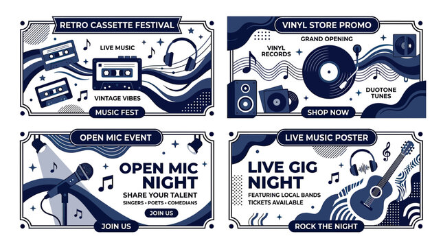 Retro Music Festival & Vinyl Store Promo Banners - Vintage Vibes
