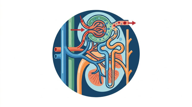 Nephron Structure and Blood Flow Diagram Medical Illustration.