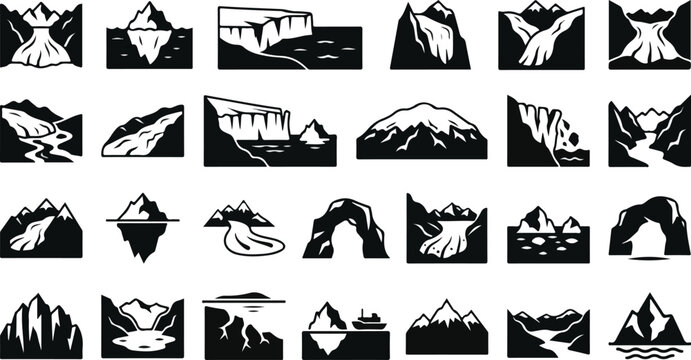 Arctic landscape icons featuring glaciers icebergs and mountains