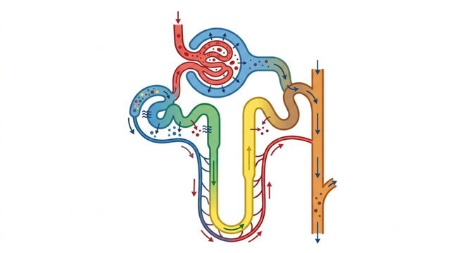 Diagram of a Nephron Unit Illustrating Blood Flow and Filtration.