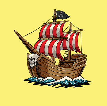 Vintage hand-drawn illustration of a pirate galleon ship with red and white striped sails and a skull figurehead on the ocean waves