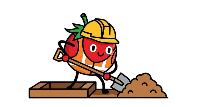 Cartoon lumberjack chopping tree stump with axe.