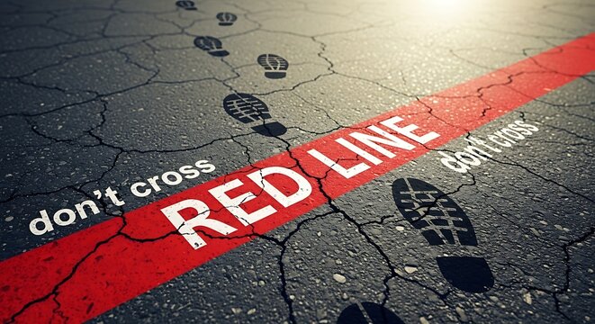 Footprints and a bold red line marked on cracked asphalt. A warning message is evident