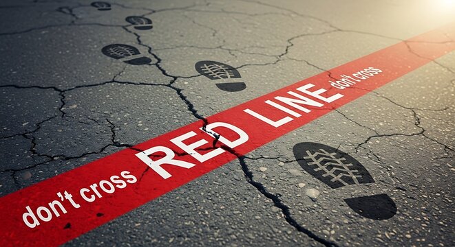 Footprints on cracked asphalt lead toward a red "Red Line" with the text "don't cross.