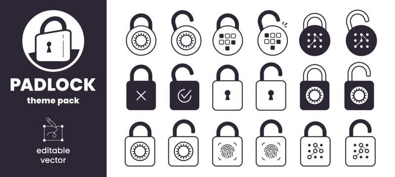 Cyber security and data protection lock icons set, vector flat line art open and closed padlock collection with safe combination dial, fingerprint biometric scanner and digital keypad codes