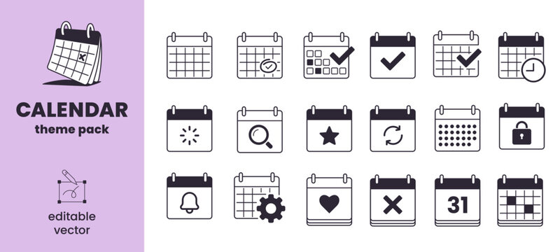Business calendar vector icons set, black line art schedule planner collection with clock, magnifying glass, checkmark, lock and notification bell symbols