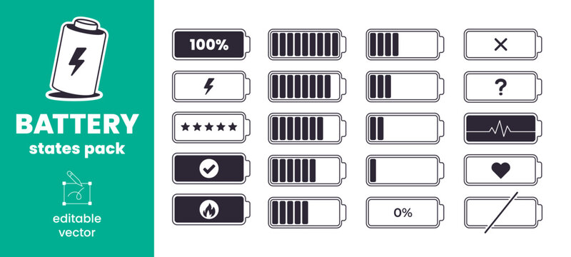 Gadget battery status line art icons set, smartphone power level from full to empty with energy percentage. Vector collection with charging lightning, checkmark and question mark, fire indicators