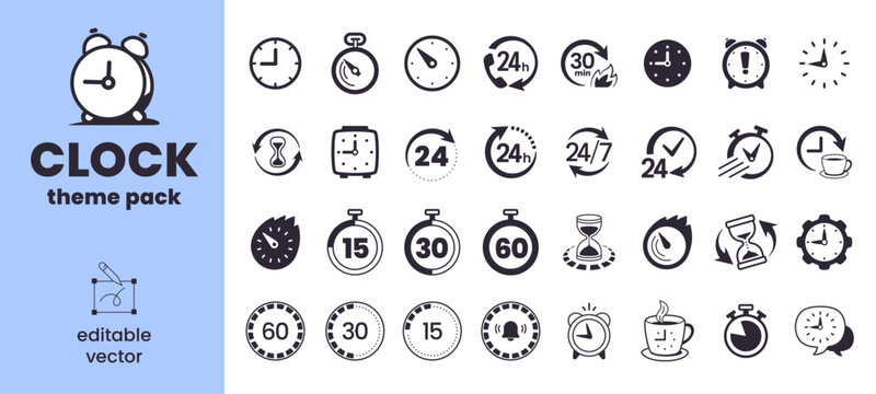Time management and clock vector icons set, black line art watch and schedule collection with stopwatch, hourglass, 24/7 support, alarm clock and deadline symbols