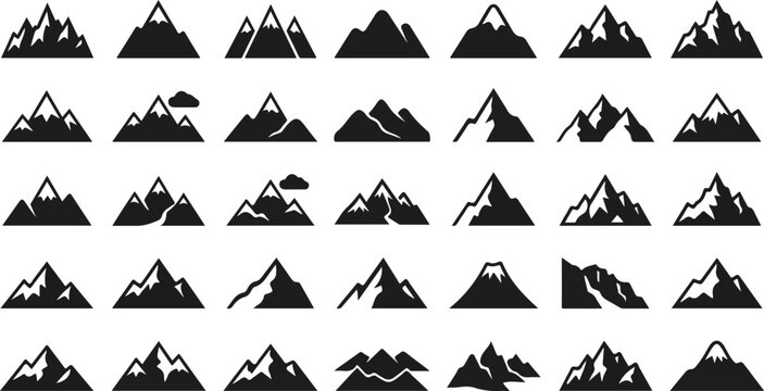 Minimalist mountain peak silhouettes and range icons set