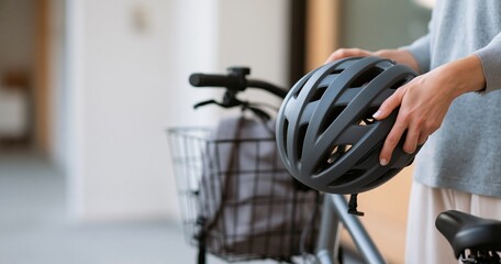 Obraz premium Person Holding Bicycle Helmet Near Bike