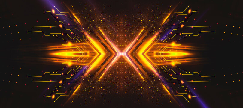 Gold Circuit Technology Pattern with Orange Glow and Particles, Abstract Digital Background