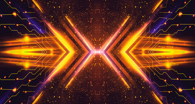 Gold Circuit Technology Pattern with Orange Glow and Particles, Abstract Digital Background