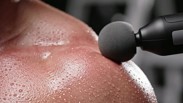 Extreme Close-Up of Foam-Tipped Massage Device Gliding Over Sweaty Shoulder for Relaxation and Recovery in Fitness and Wellness Contexts