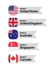 Obraz premium Made in United States United Kingdom Australia Singapore Canada Ribbon Labels Set with National Flags – Clean Country of Origin Banners for Product Packaging, Branding and Manufacturing