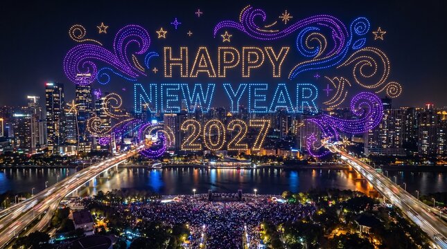 Aerial night view of city drone light show spelling Happy New Year 2027 over river