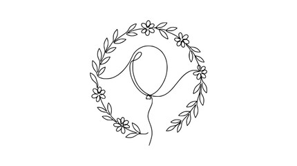 Hand-drawn balloon and floral wreath, minimalist line art, celebration, organic design © Chichi
