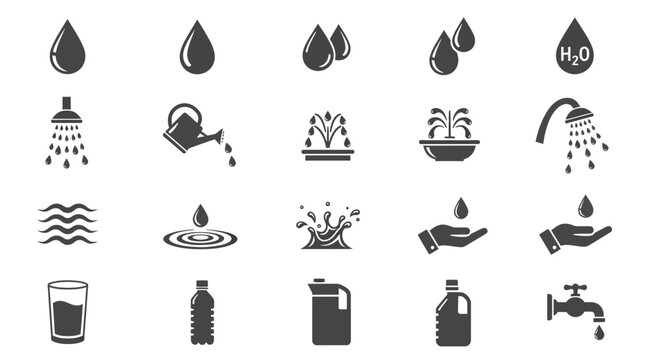 Water icons set, 20 black and white illustrations, liquid symbols, droplets, hydration graphics, waterdrop elements