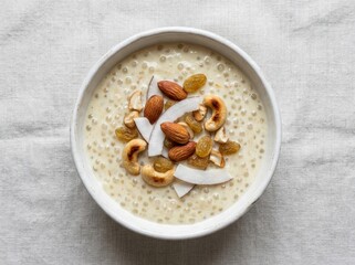 Fototapeta premium A delicious bowl of creamy breakfast porridge topped with almonds cashews raisins and coconut