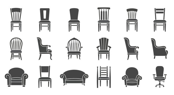 Furniture icons, chair symbols, sofa graphics, 20 piece vector set