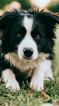 Cute border collie dog lying on green grass with tennis ball, funny playful puppy playing outdoors in park, pet care concept