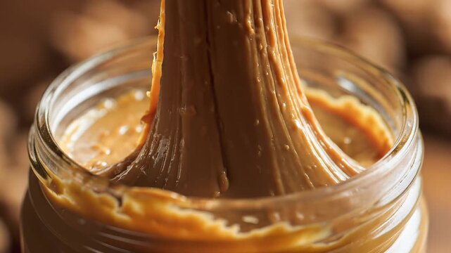 Close up of creamy peanut butter in a glass jar with a spoon