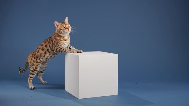 A Bengal kitten stands on hind legs, leaning onto a white block. The blue background highlights its playful stance.