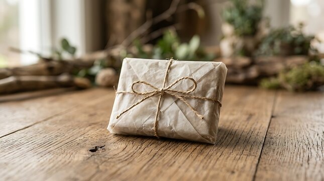 Rustic gift wrapped in recycled paper and twine on a wooden table