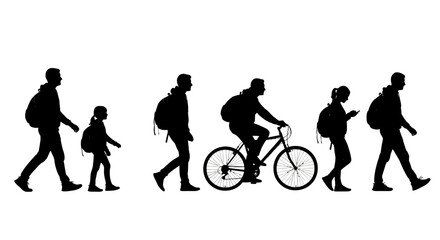 Obraz premium People walking, silhouettes, backpacks, commuters, cycling, traveling
