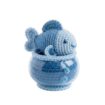 Crochet amigurumi blue fish in a knitted fishbowl