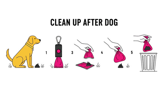 Dog waste bag, clean up after dog, pet waste, cleanup, dog owner, responsible pet ownership, vector icons