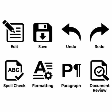 Black and white icons representing various document editing and processing functions, including edit, save, undo, redo, spell check, formatting, paragraph, and document review.