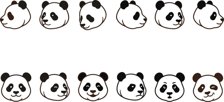 Cute Panda Bear Head Icon Set Featuring Various Facial Expressions and Head Angles in Minimalist Cartoon Vector Style
