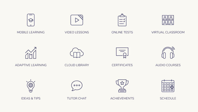 Set of twelve educational icons showing modern learning tools and features . Vector illustration.