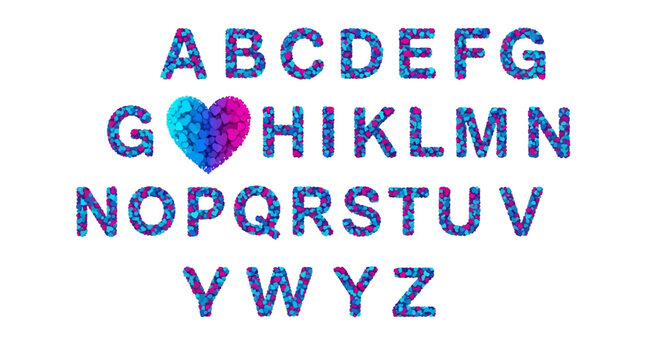 Alphabet, heart shape, colorful letters, typography, vector icons