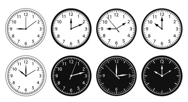 Clock faces, analog timepieces, black and white illustrations, 8 different designs, vector graphics
