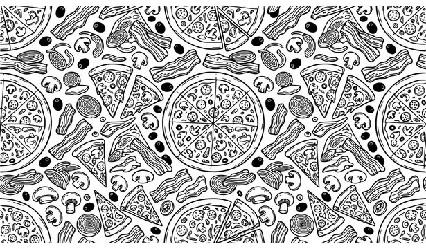 Seamless pizza pattern with hand drawn pizzeria ingredients background