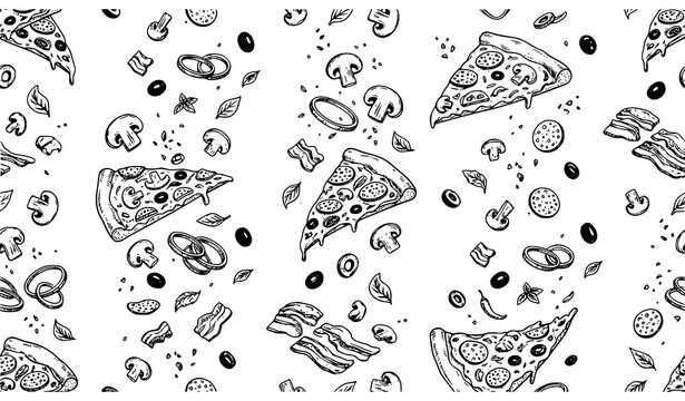 Falling pizza slices and ingredients seamless outline vector pattern