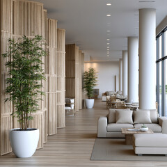 Fototapeta premium Modern hotel lobby with natural wood accents, large windows, potted bamboo, beige sofa, and dining area, creating calm welcoming atmosphere