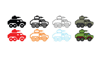 Set of eight military armored tank vehicle icons in different styles and colors for graphic design projects © Sharif