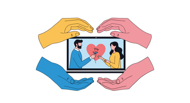 Couple on a laptop screen having a virtual date with a rose while four hands frame them in a protective circle.