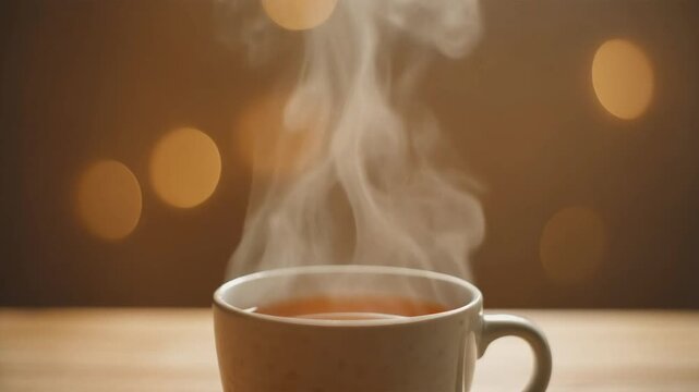 Steaming hot cup of tea on table.