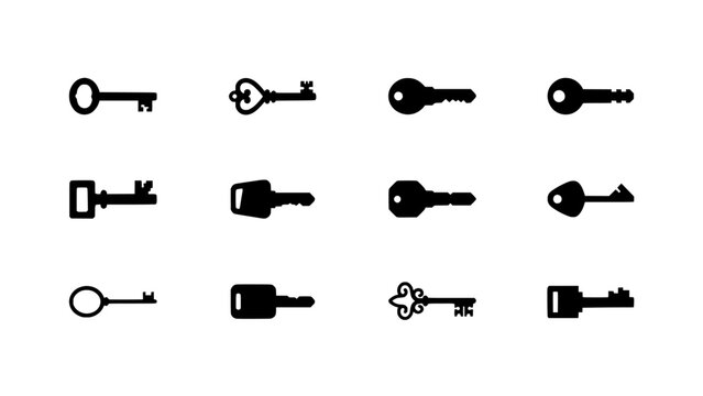 Key Illustration of Assorted Keys Arranged in a Grid Pattern, Simple Outline Design with Monochrome Icons for Security Concept