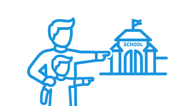 Father and child pointing at school building illustration.