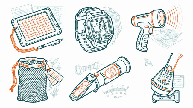 Set of marine research and oceanographic field equipment vector illustrations including digital tablet watch flashlight mesh bag refractometer and GPS