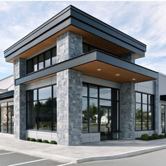 Obraz premium Modern strip mall facade with large glass windows, stone columns, and clean lines under blue sky, urban commercial architecture