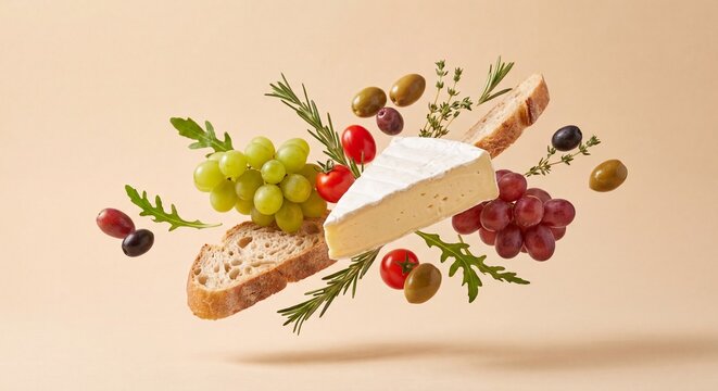Levitation of brie cheese with bread and grapes on beige background