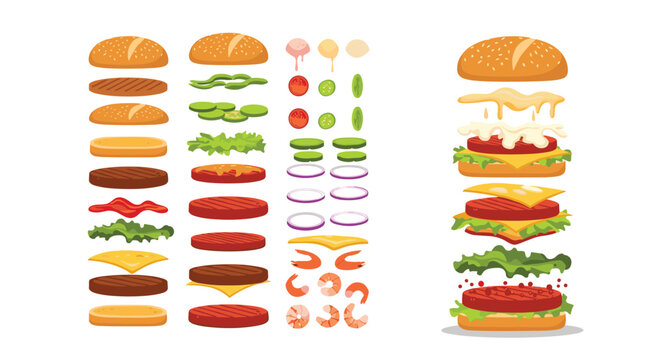 Deconstructed burger ingredients shown in layers and an exploded view of a delicious hamburger with cheese and veggies.