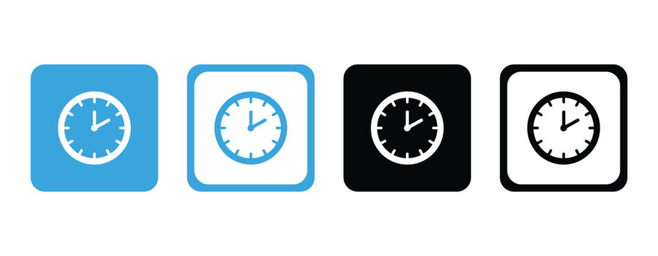 Clock face icon set with rounded square backgrounds in varying colors and styles time chronometer